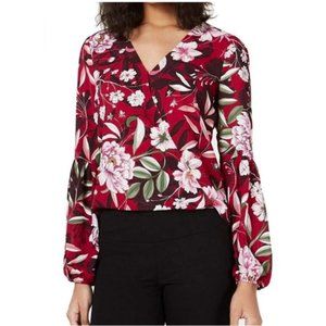 Bar III L Burgundy Floral Poet Sleeve Top 1M26